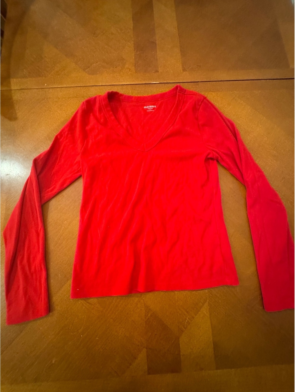 Old Navy Long Sleeve Red V-Neck T-Shirt Size L 2903